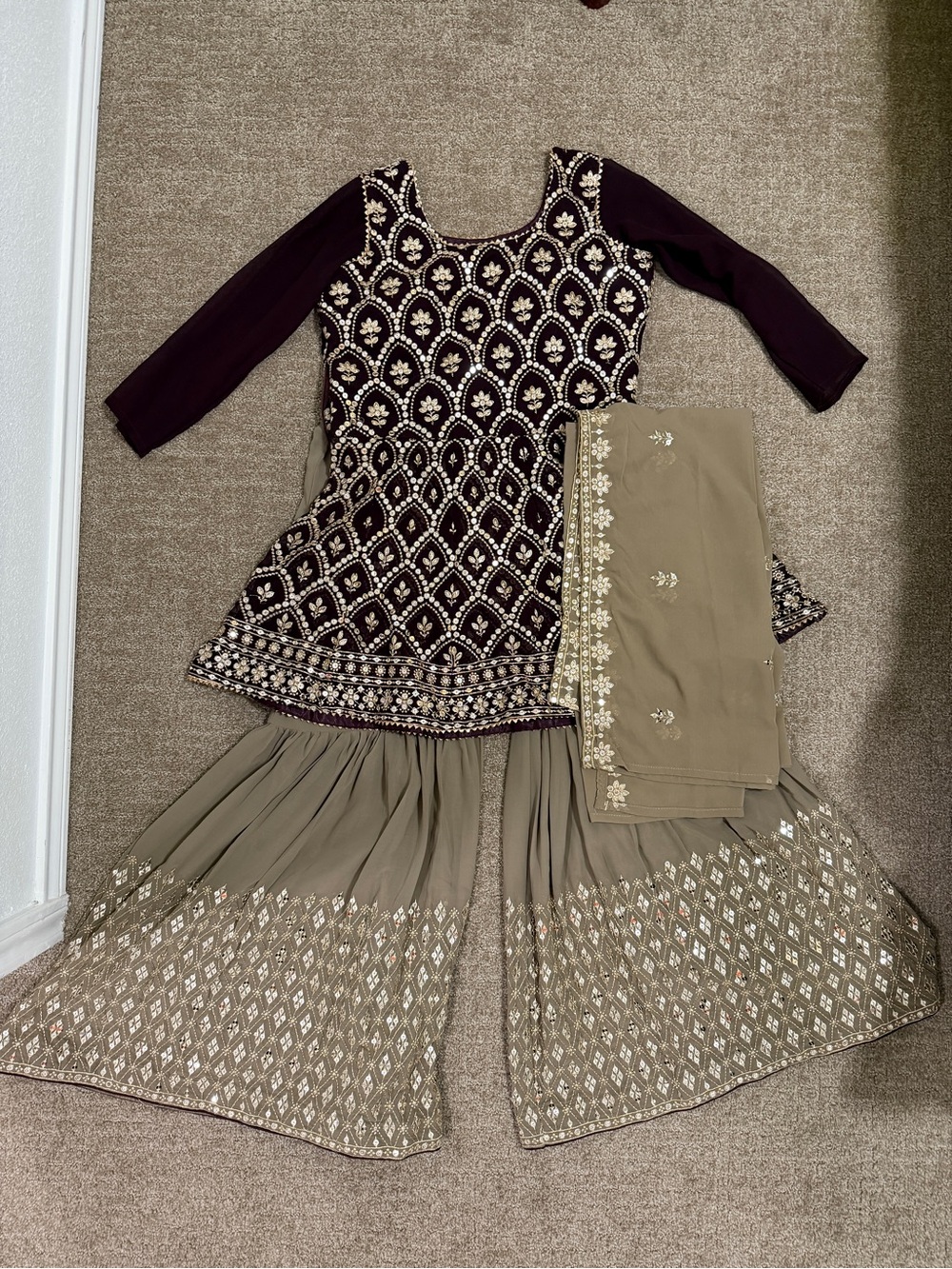 Embroidered Two-Piece Ethnic Set in Deep Plum and Olive